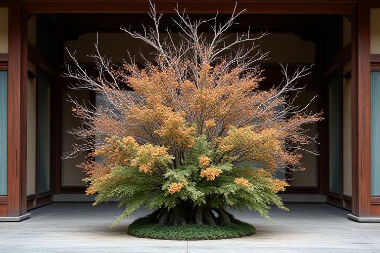 A large, dramatic Ikebana arrangement adorning the entrance of a traditional Japanese temple.