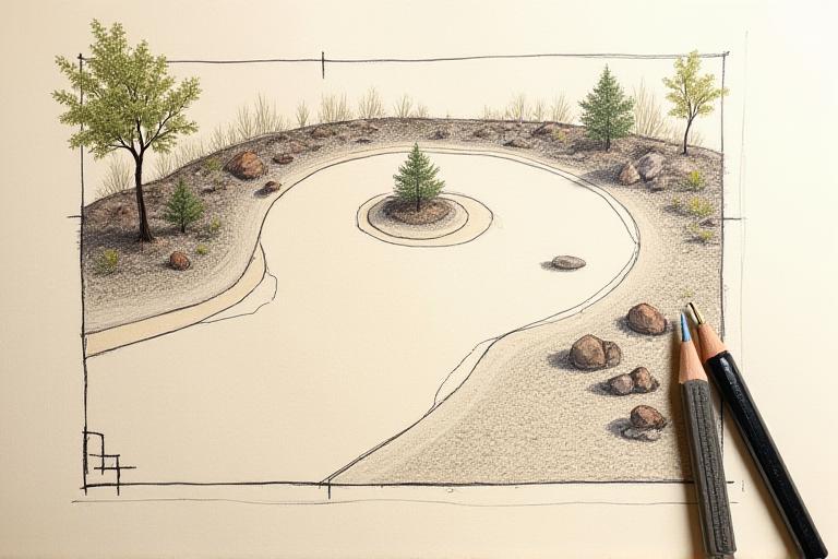 A hand-drawn design plan for a Japanese karesansui (dry landscape) garden, showcasing intricate details.