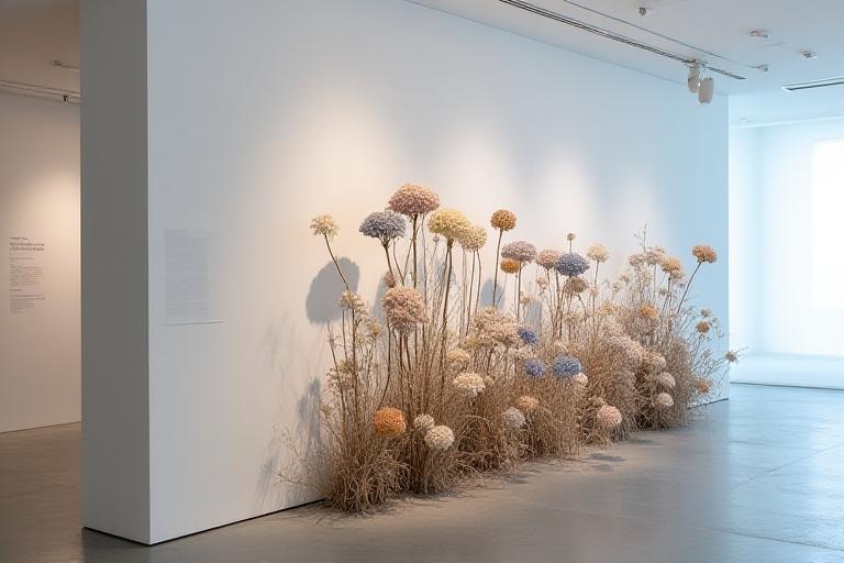 An artistic installation of dried hydrangeas in a gallery setting, exploring the theme of 'mujō' (impermanence) through natural materials.